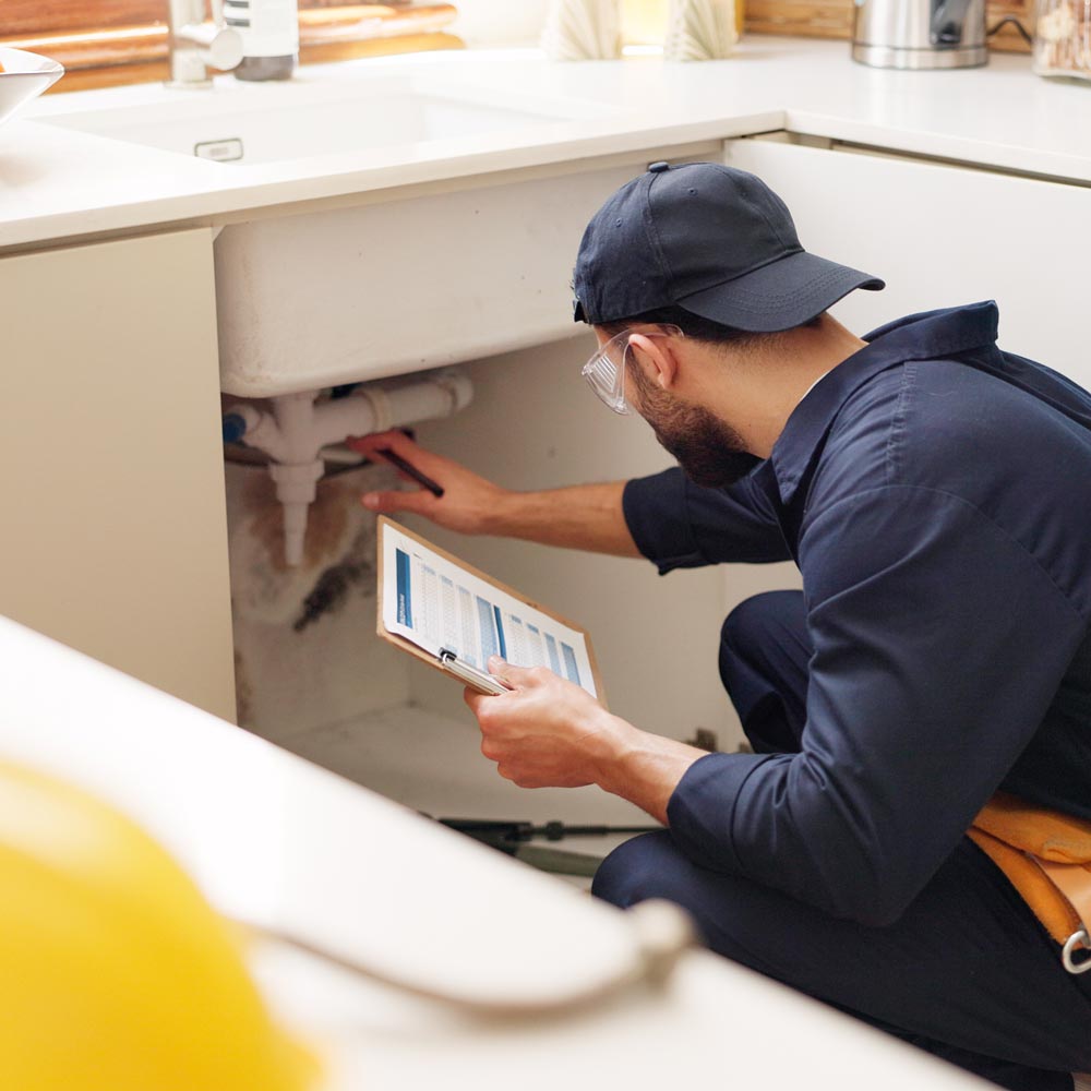 Man som kontrollerar ett avlopp i köket